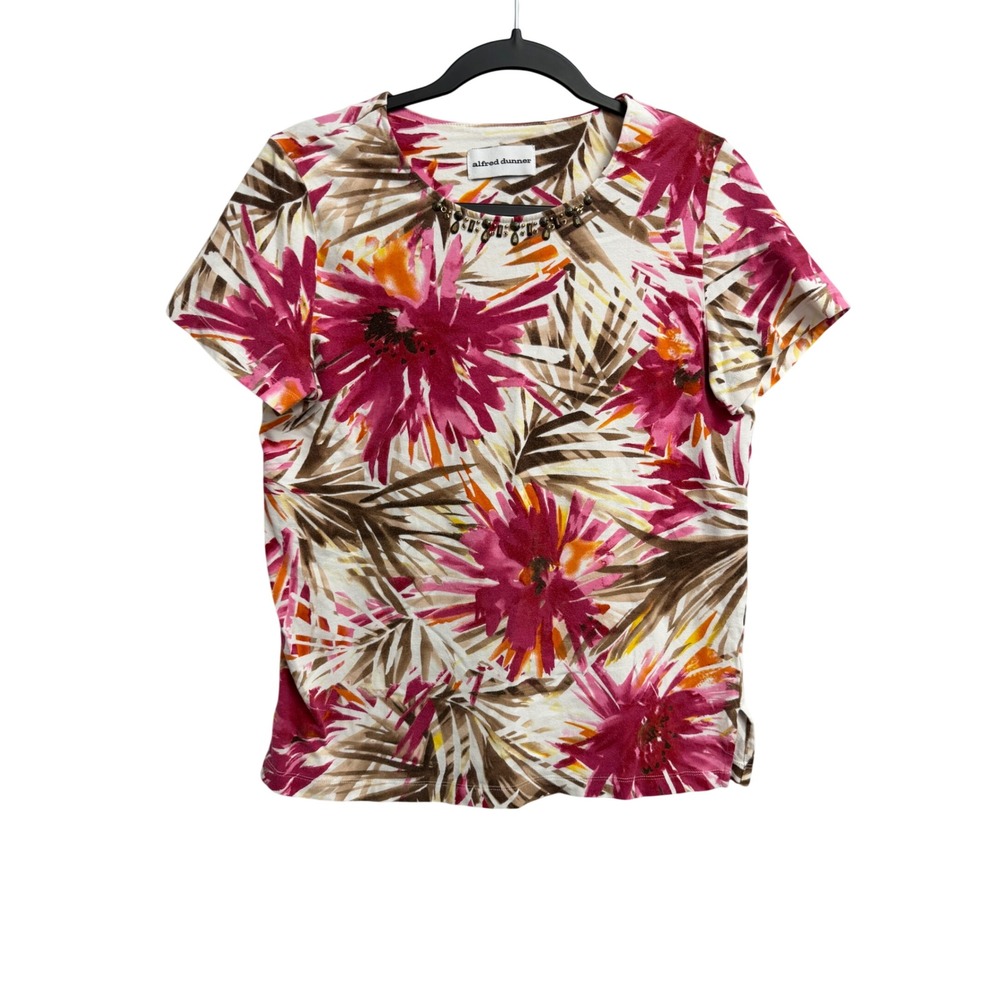 Alfred Dunner Floral Palm Short Sleeve Embellished Neck Top Medium Shirt